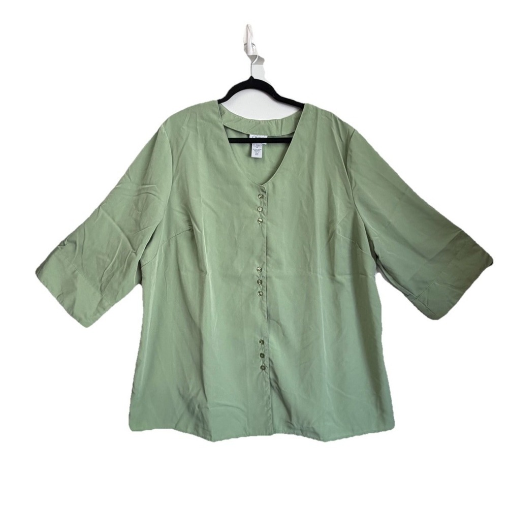 Only Necessities Green V-Neck Button Blouse Relaxed Fit 3/4 Sleeve Plus 1X